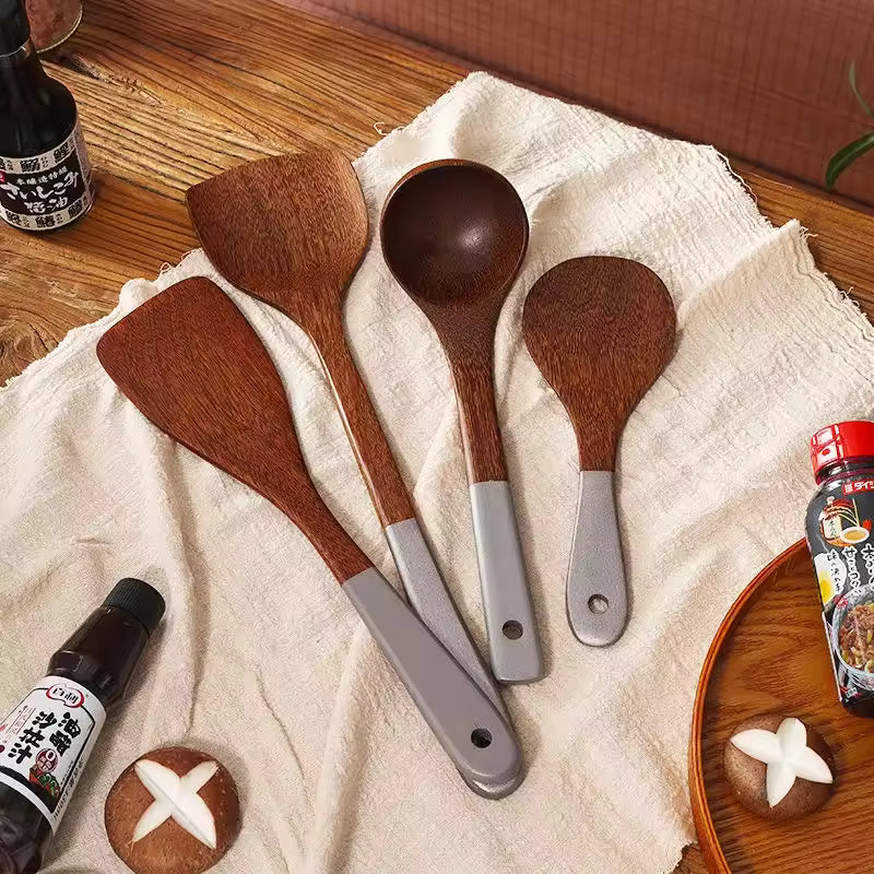 Solid Wood Cooking Utensil Set – Spoon, Spatula & Chopstick Tube