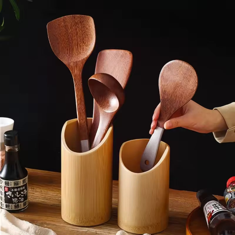 Solid Wood Cooking Utensil Set – Spoon, Spatula & Chopstick Tube